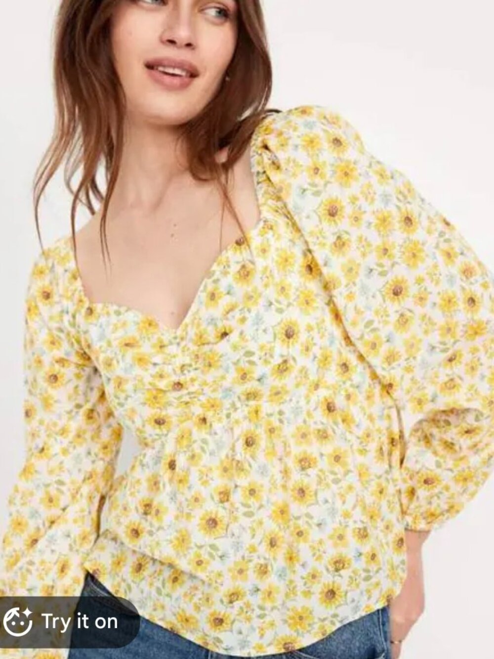 Old Navy Long Sleeve Peasant Sunflower Print Blouse Sweethear Neckline Sz Small
